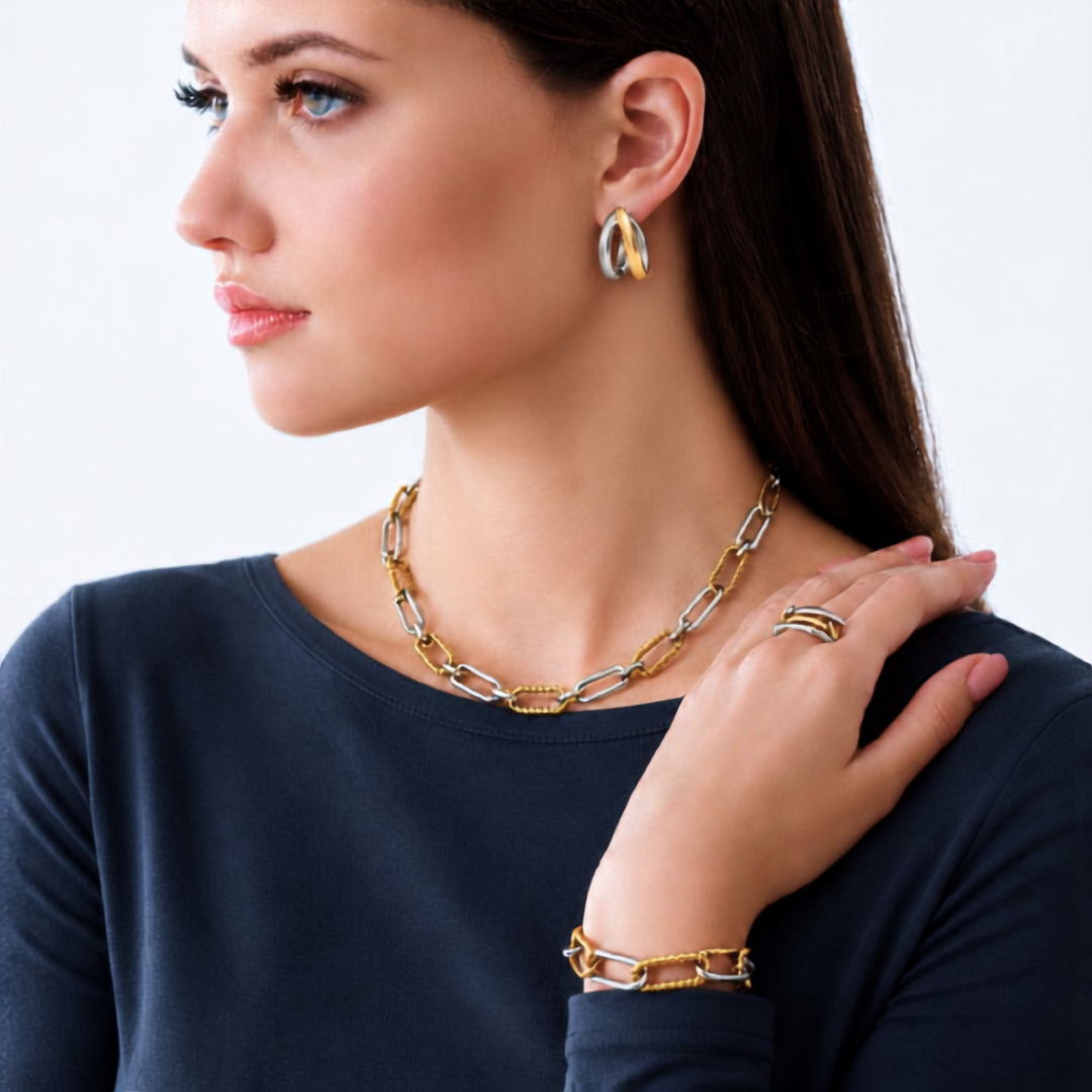 Camp Street Collection mixed metal gold and silver rings, necklace, bracelet, and earrings