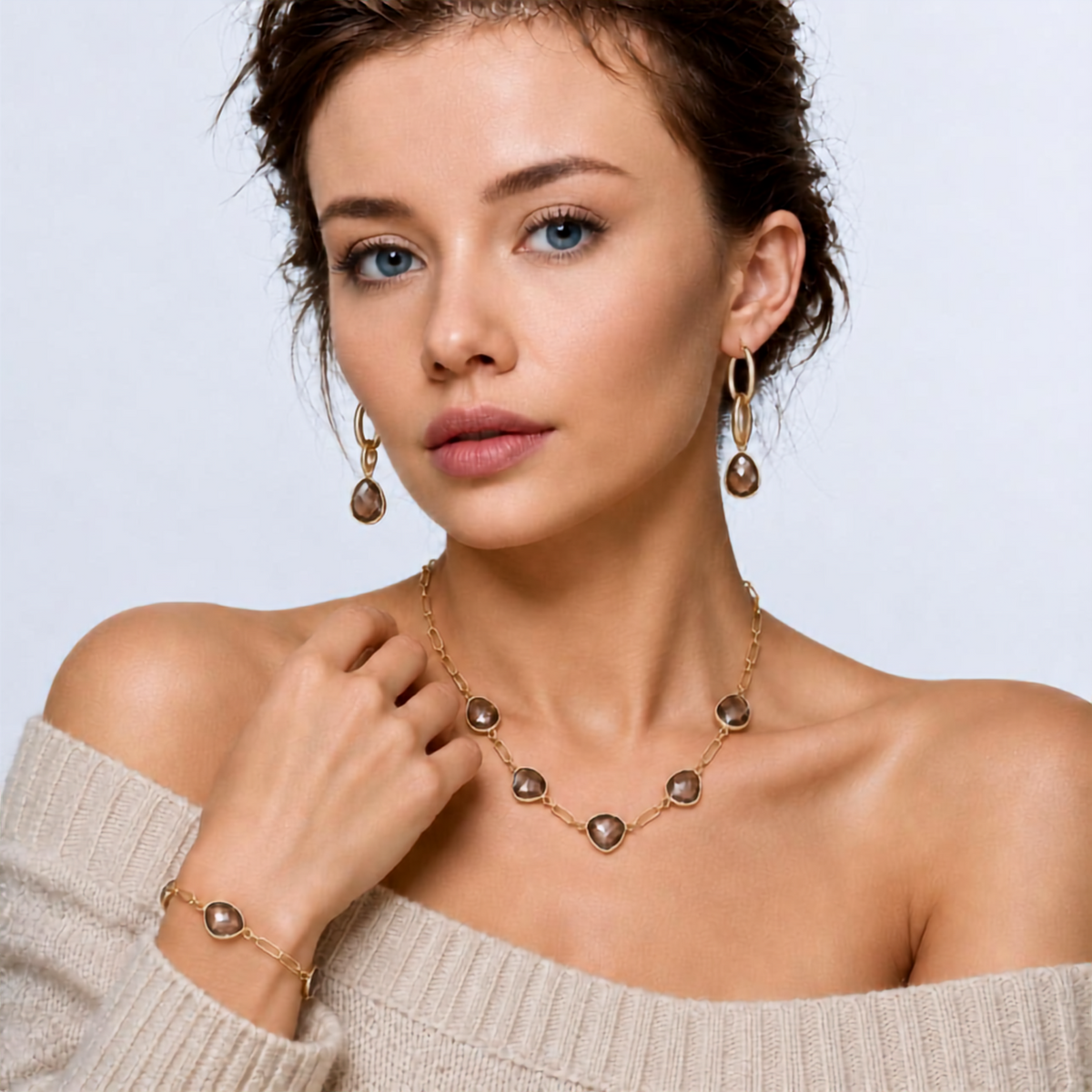 Chestnut Street Collection gold jewelry with peridot green crystals and smoky quartz stones