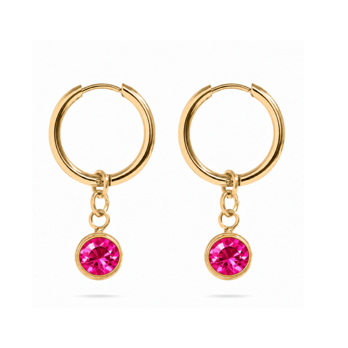 Elise Gold hoop earrings with Azalea Pink crystal drop on a white background from Garden District Jewelry