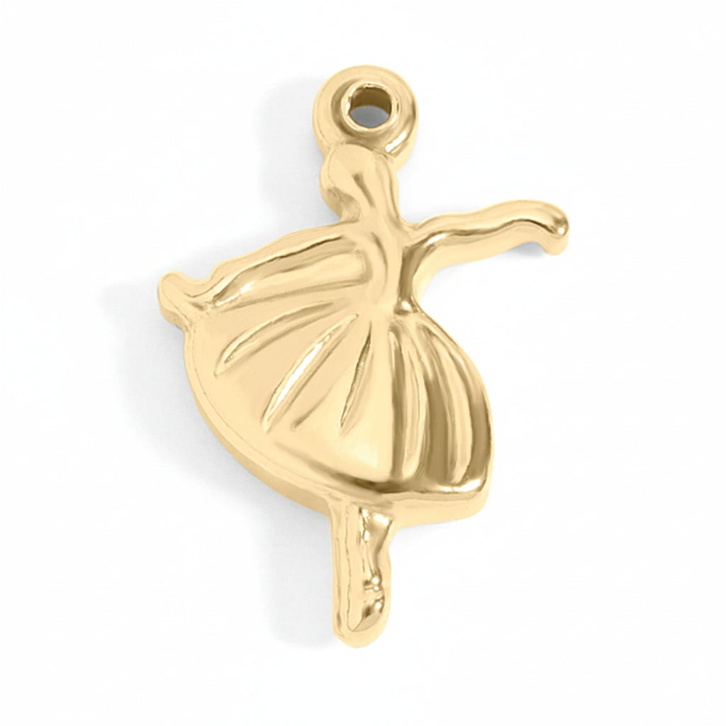 Gold Ballerina Charm on Write background.