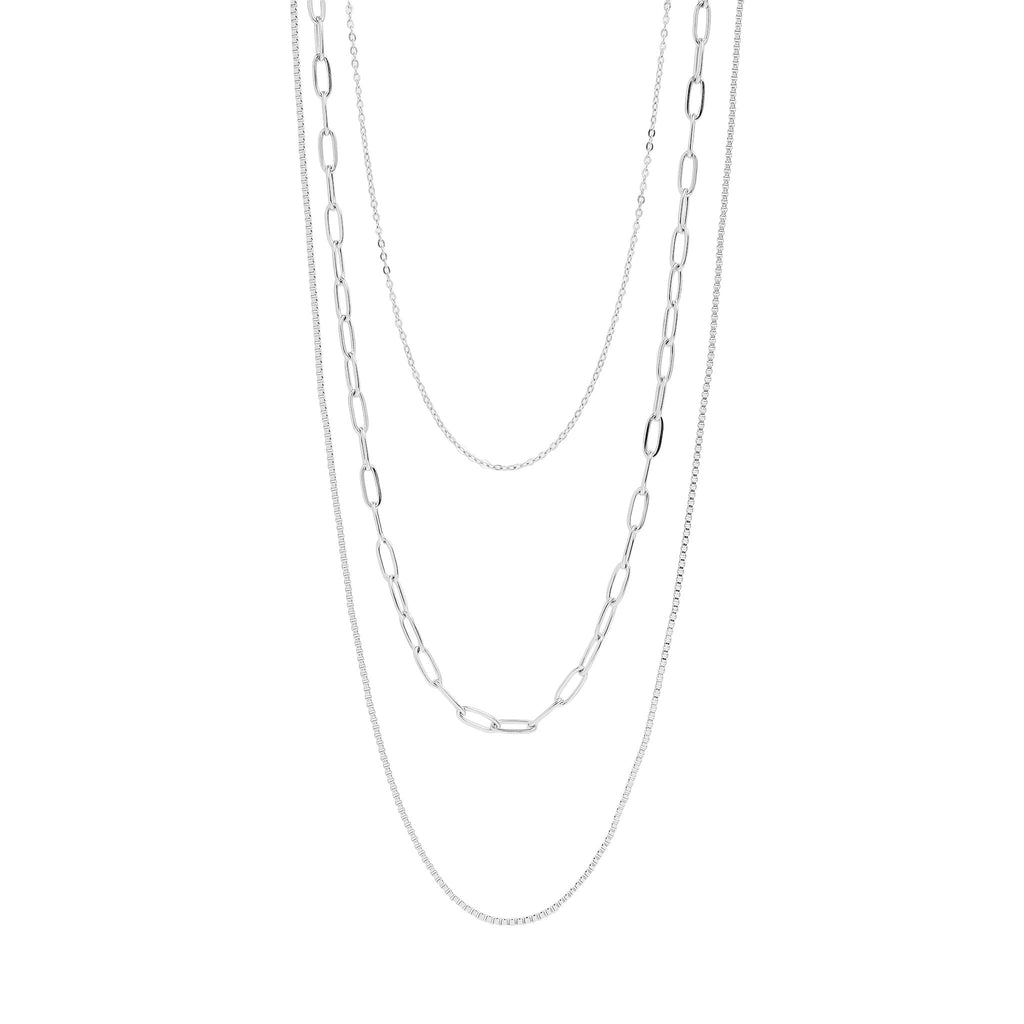 Layered Loop, Paperclip & Box Chain Necklace - Silver