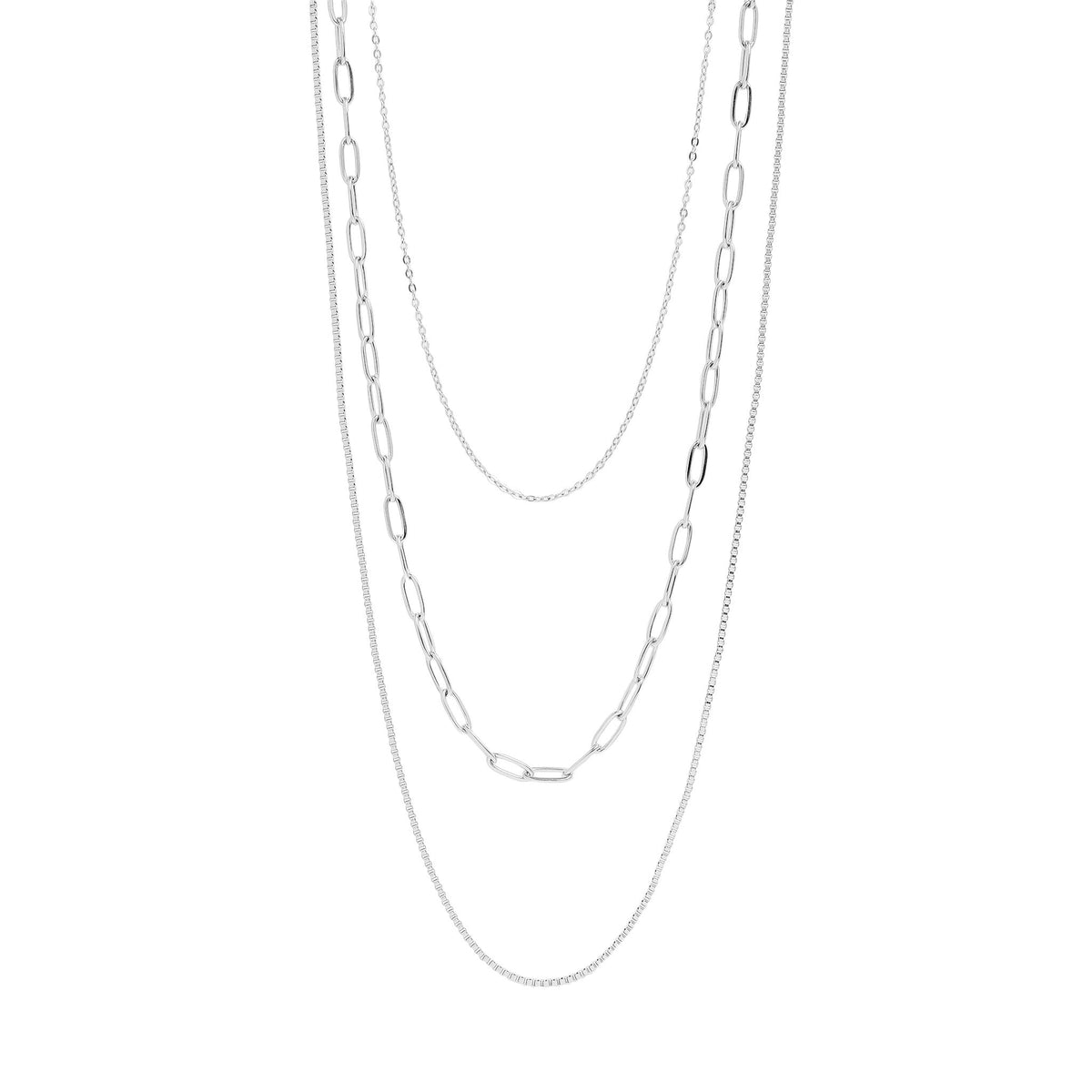 Layered Loop, Paperclip & Box Chain Necklace - Silver