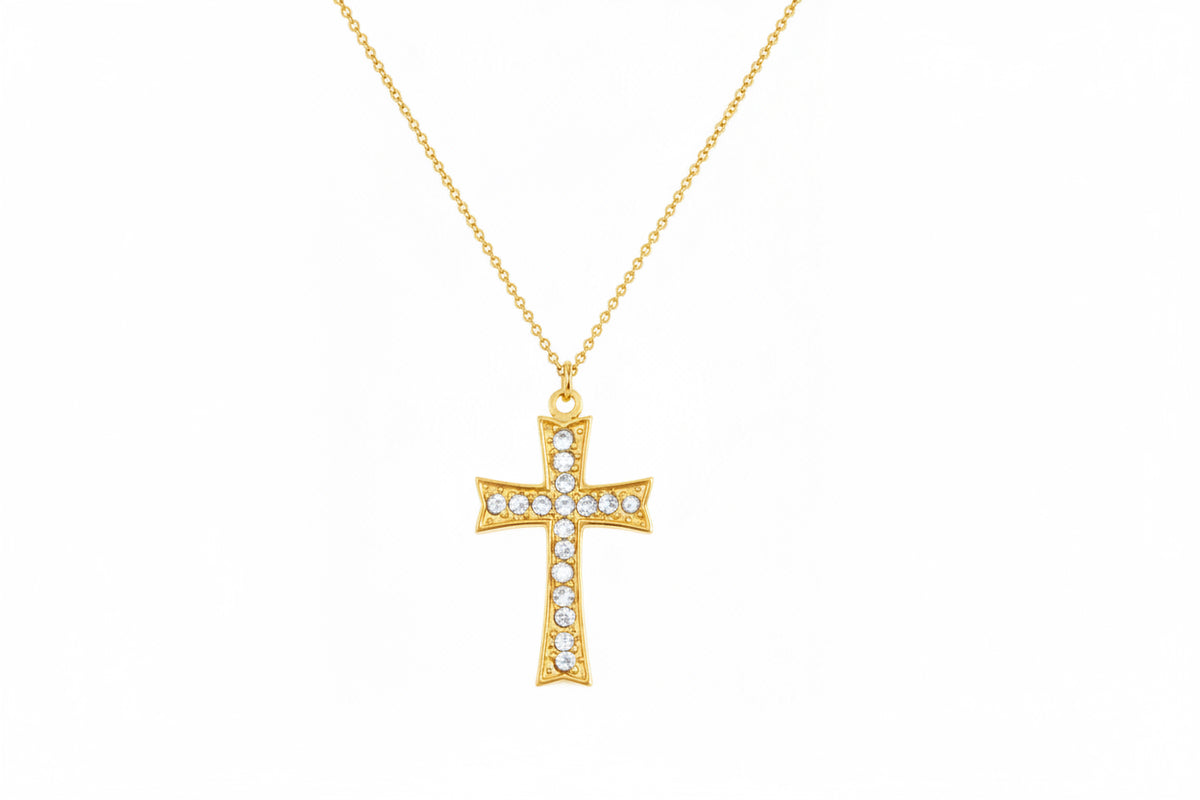 Cathedral Collection Stone Cross Pendant Necklace in gold, featuring a pavé stone cross pendant on a chain, from Garden District Jewelry