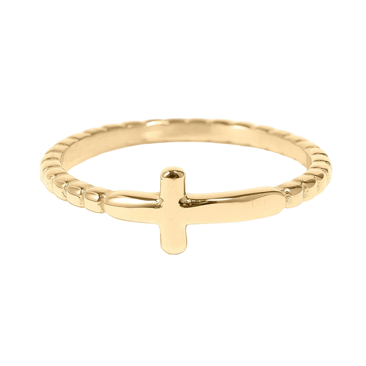 Gold ring with a cross design on a white background