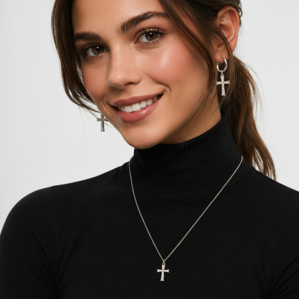 A close-up of a woman wearing a delicate silver cross pendant necklace and matching hoop earrings with small cross charms, styled with a black turtleneck top against a light gray background.