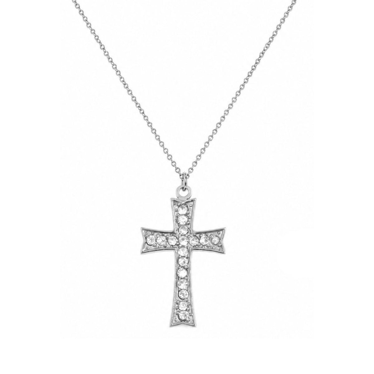 A silver cross pendant necklace adorned with clear pavé stones, suspended from a delicate silver chain against a plain white background.