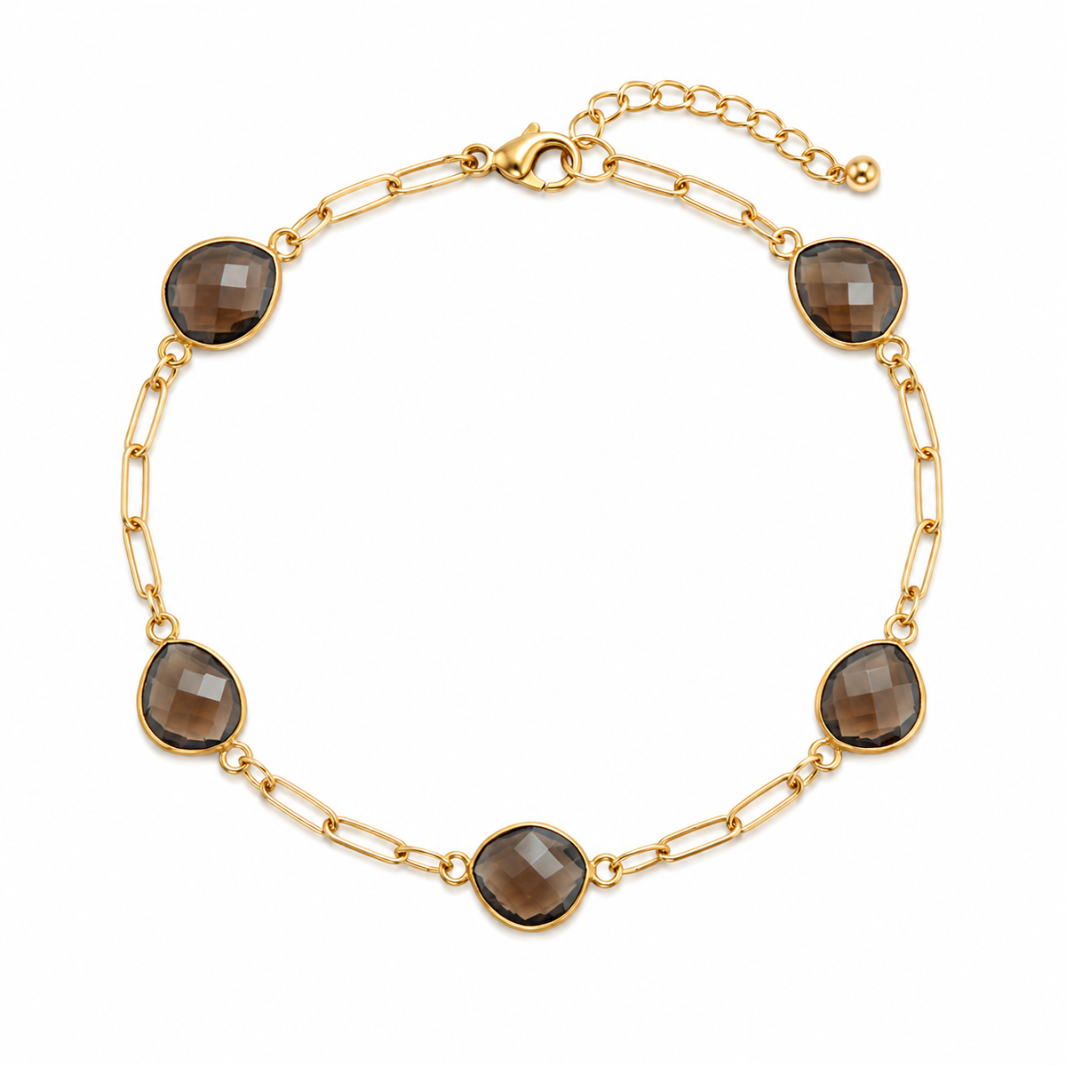 Chestnut Street Smoky Quartz Bracelet in gold, a paperclip chain bracelet with smoky brown crystal accents, from Garden District Jewelry.