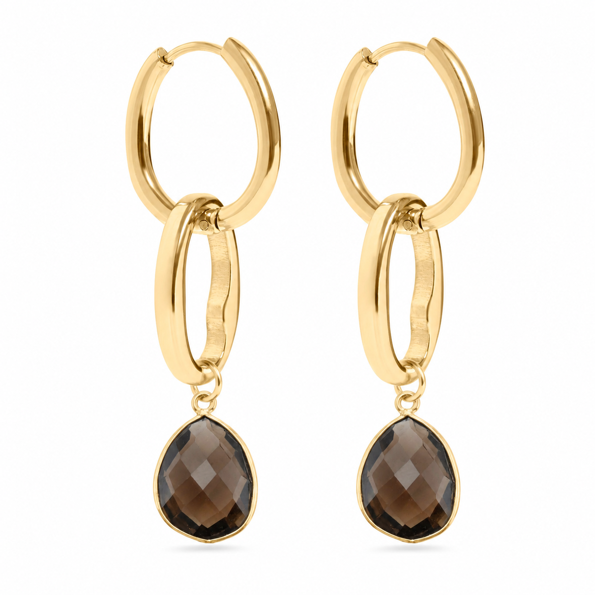Chestnut Street Smoky Quartz Earrings in gold, hoop earrings with smoky brown crystal accents, from Garden District Jewelry.