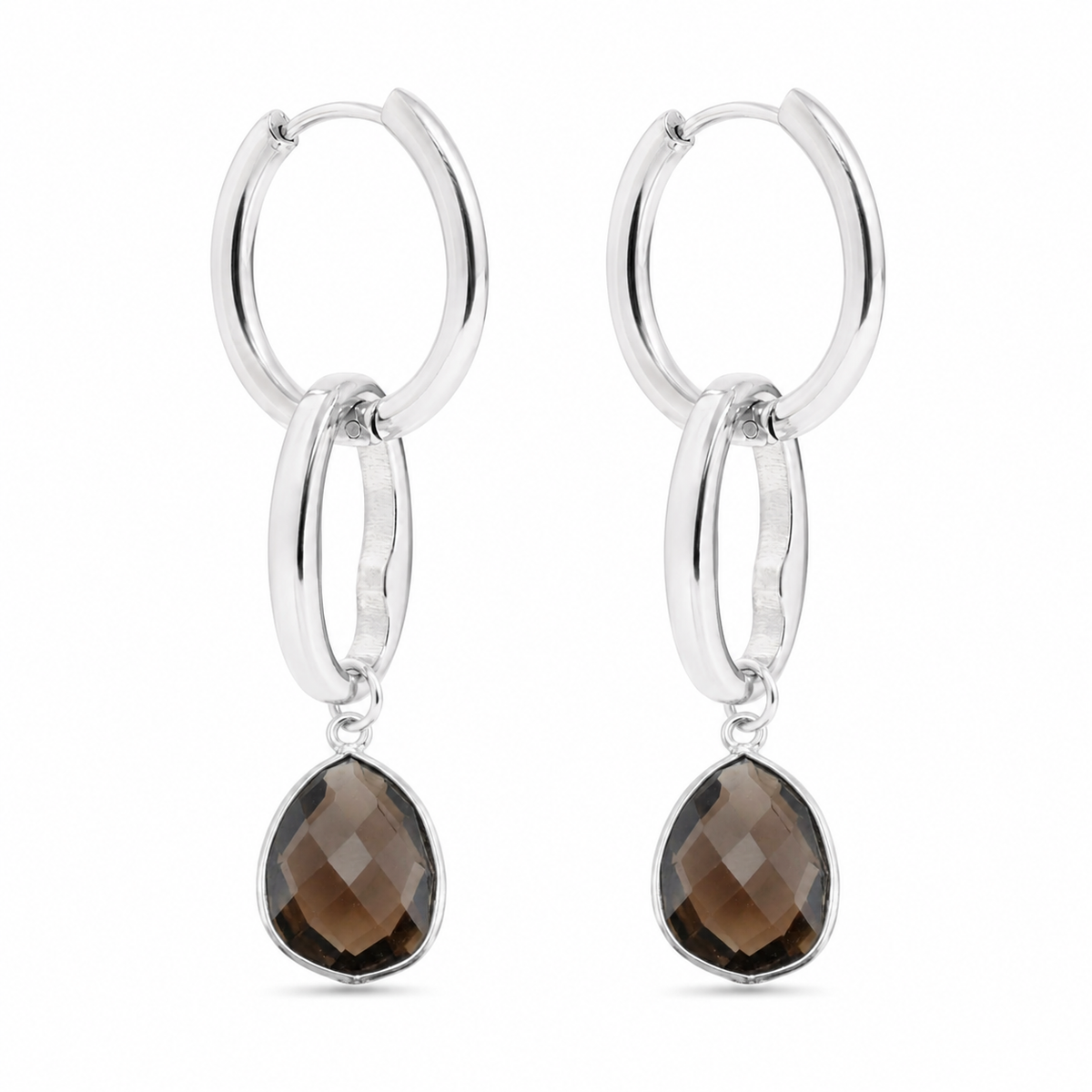 Chestnut Street Smoky Quartz Earrings in silver, hoop earrings with smoky brown crystal accents, from Garden District Jewelry.