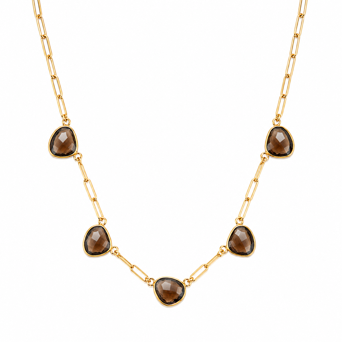 Chestnut Street Smoky Quartz Necklace in gold, a paperclip chain necklace with smoky brown crystal accents, from Garden District Jewelry.