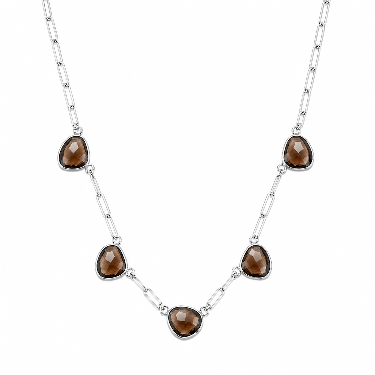 Chestnut Street Smoky Quartz Necklace in silver, a paperclip chain necklace with smoky brown crystal accents, from Garden District Jewelry.