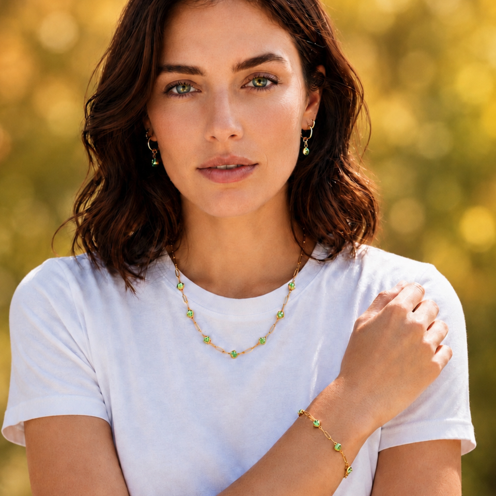 A woman wearing a delicate gold necklace and matching bracelet with small green gemstone accents, styled with matching drop earrings, set against a soft, blurred yellow-green bokeh background.