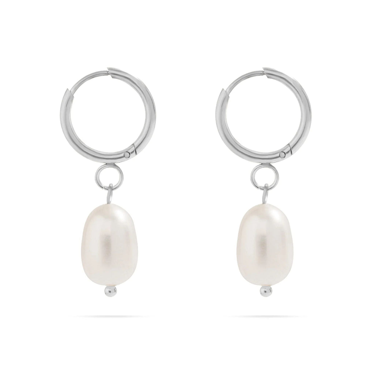 Silver pearl huggie hoop earring