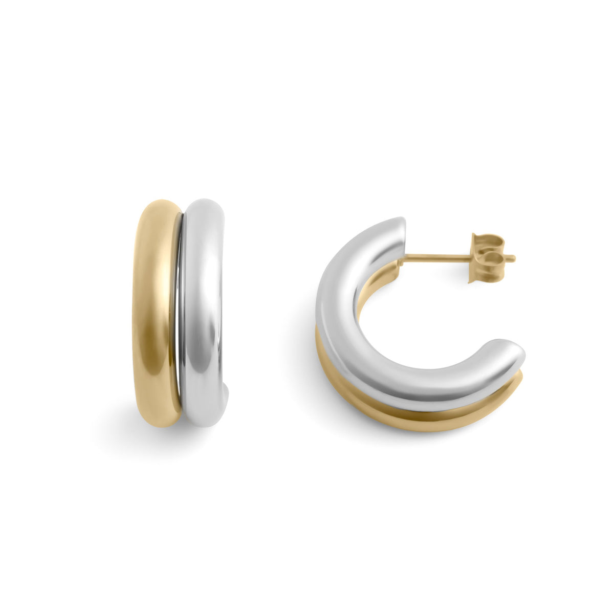 Mixed metal side-by-side huggie earrings in polished silver and gold