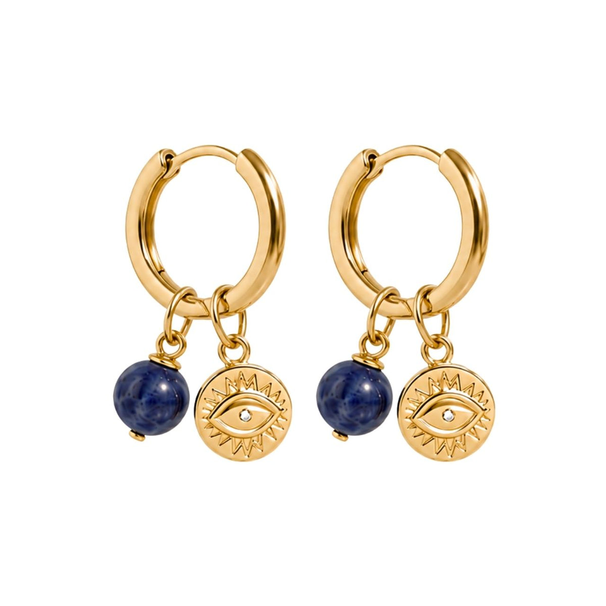 A pair of gold huggie hoop earrings with dangling charms. Each earring features a gold hoop, a small gold disc charm with an evil eye design, a small clear crystal, and a dark blue sodalite sphere bead.