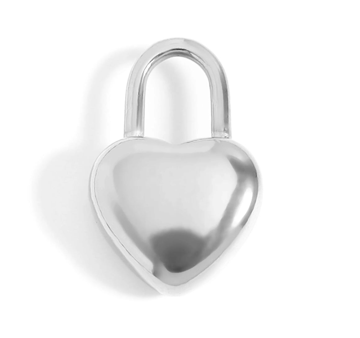 Heart Padlock Charm, a gold heart-shaped padlock charm for the Magazine Street Paperclip Chain, from Garden District Jewelry, product photo 2 of 2.