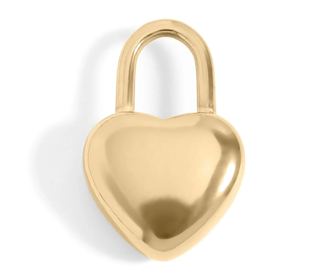 Heart Padlock Charm, a gold heart-shaped padlock charm for the Magazine Street Paperclip Chain, from Garden District Jewelry, product photo 1 of 2.