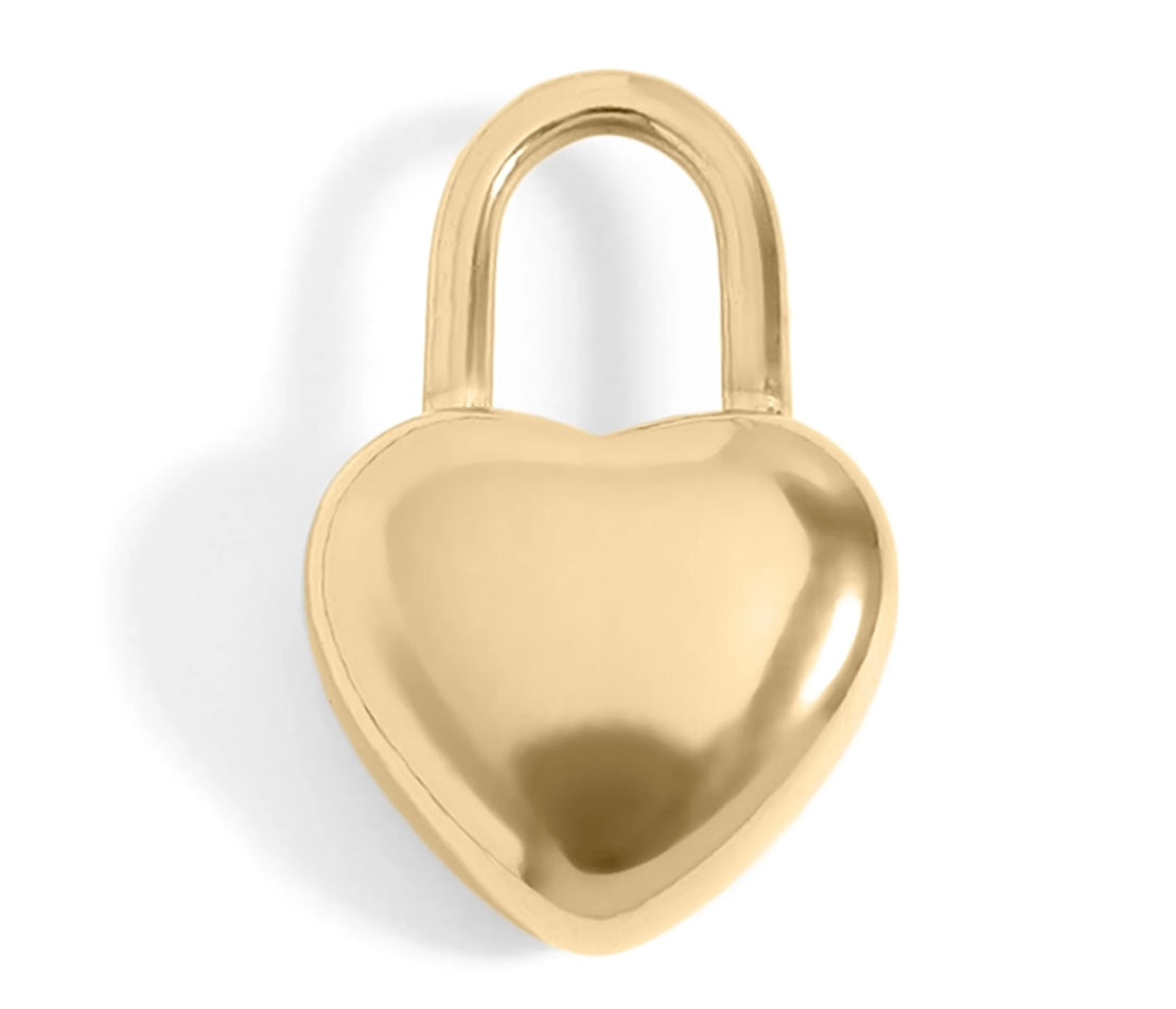 Heart Padlock Charm, a gold heart-shaped padlock charm for the Magazine Street Paperclip Chain, from Garden District Jewelry, product photo 1 of 2.