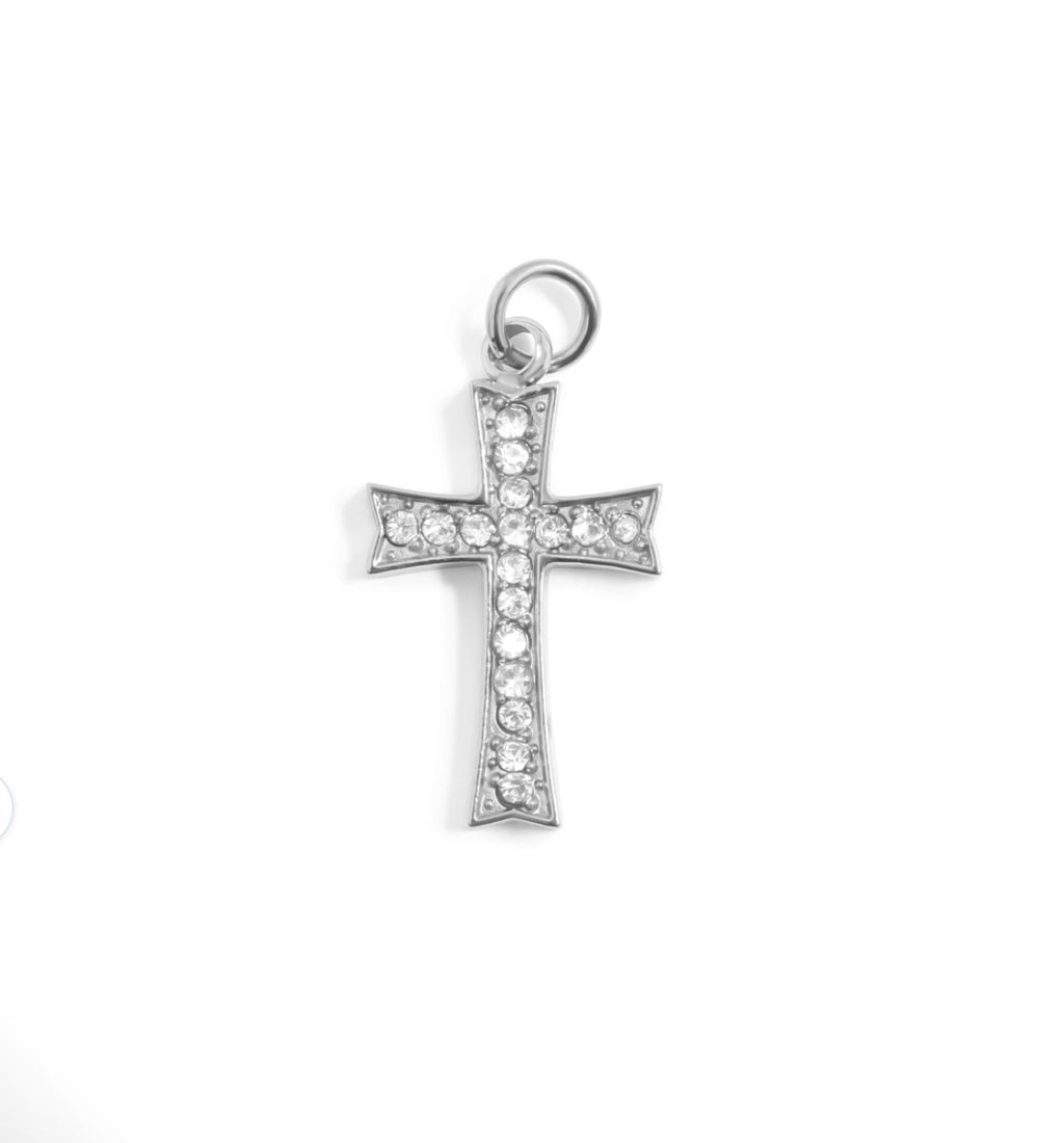 Stone Cross Charm, a cross-shaped charm with stone accents for the Magazine Street Paperclip Chain, from Garden District Jewelry, product photo 2 of 2.