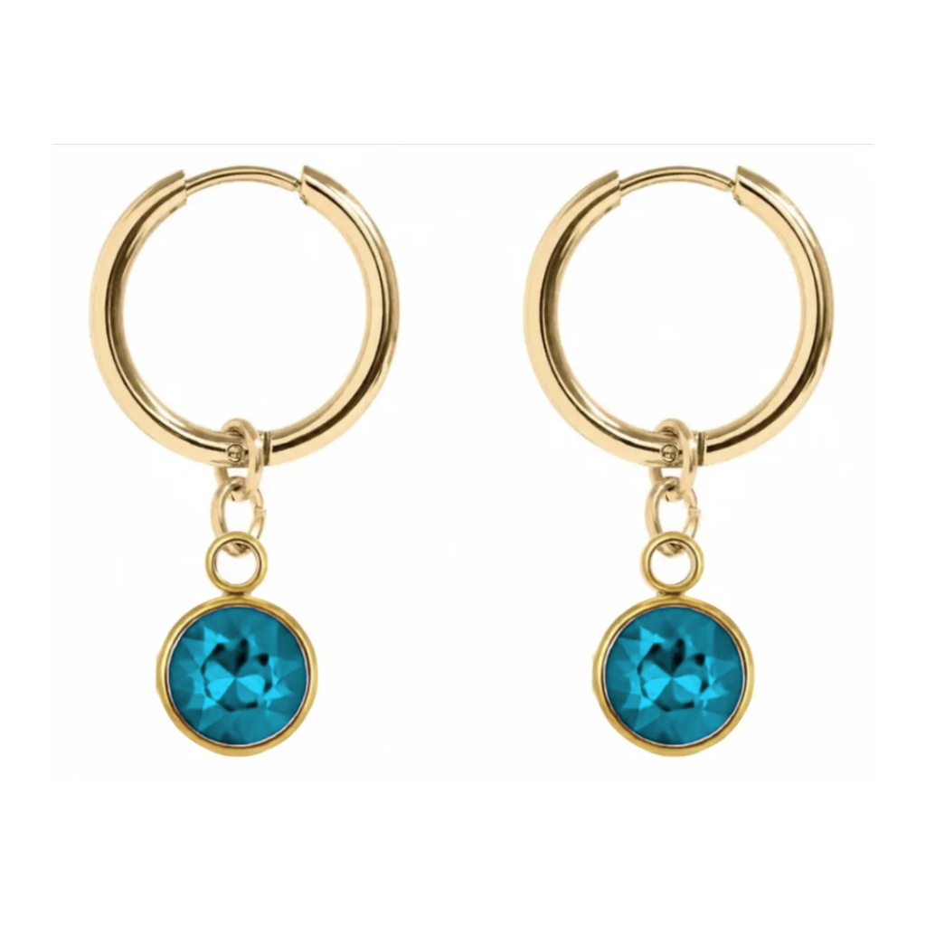 Elise Drop Crystal Earrings in Commander's Blue with gold hoop, from Garden District Jewelry's game day collection