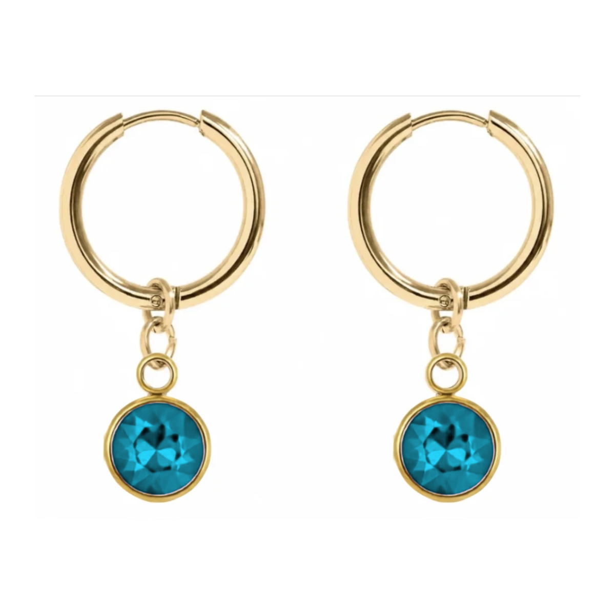 Elise Drop Crystal Earrings in Commander's Blue with gold hoop, from Garden District Jewelry's game day collection