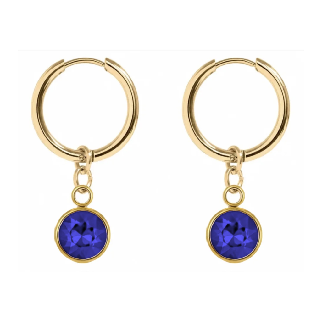 Elise Drop Crystal Earrings in Crescent Blue with gold hoop, from Garden District Jewelry's game day collection