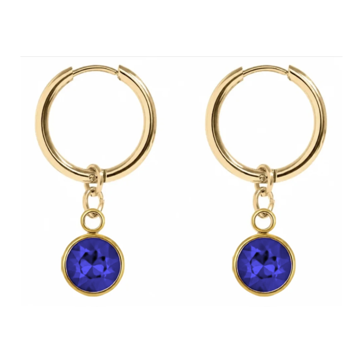 Elise Drop Crystal Earrings in Crescent Blue with gold hoop, from Garden District Jewelry's game day collection