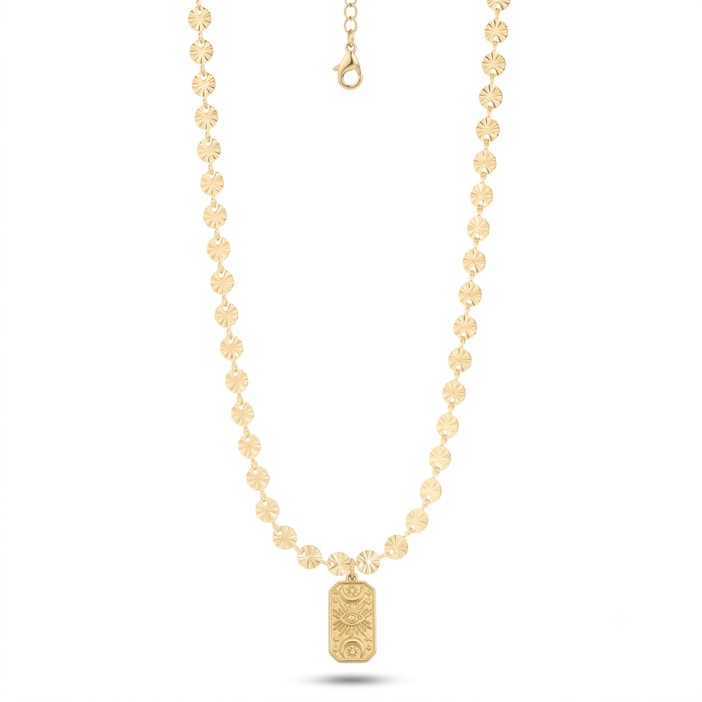 The Mayfair Pendant Necklace, a gold pendant necklace from Garden District Jewelry, styled product image.