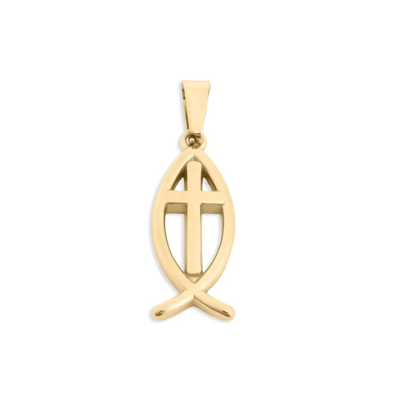 A polished yellow gold Ichthys pendant with a central cross, shown on a plain white background.