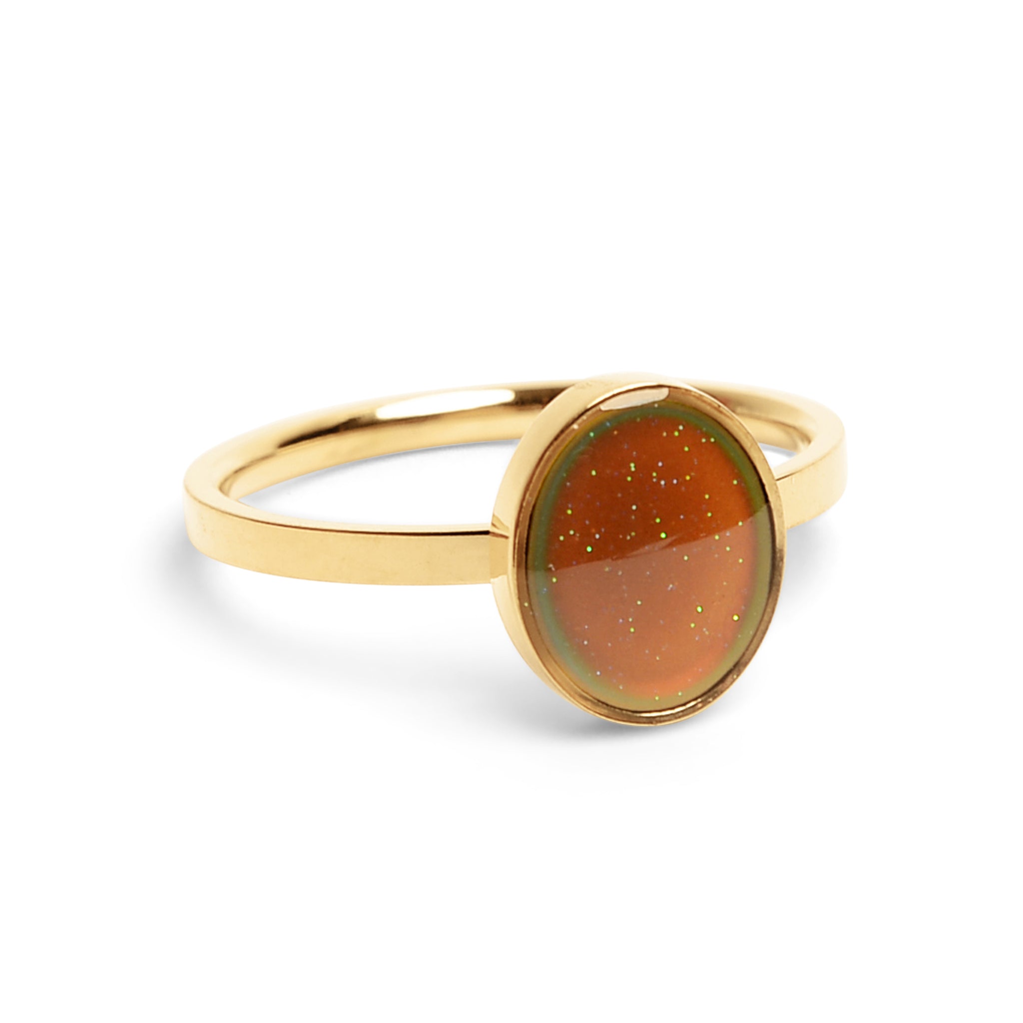 Gold mood ring with a brown gemstone on a white background