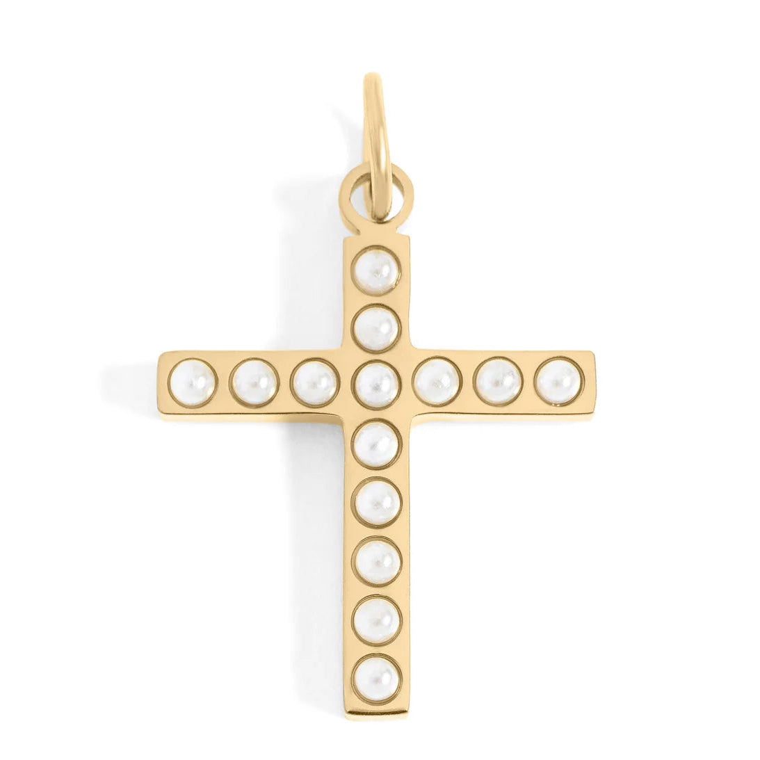 Gold cross pendant with pearls on a white background