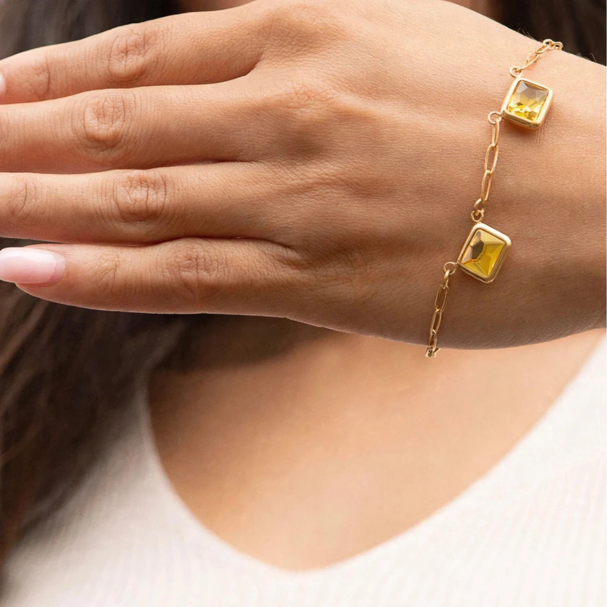 Chestnut Collection Honey Crystal Bracelet, a paperclip chain bracelet with honey-toned crystal accents, from Garden District Jewelry.