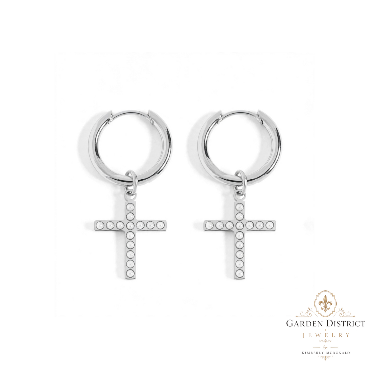 Cathedral Pearl Cross Drop Earrings, additional product photo.