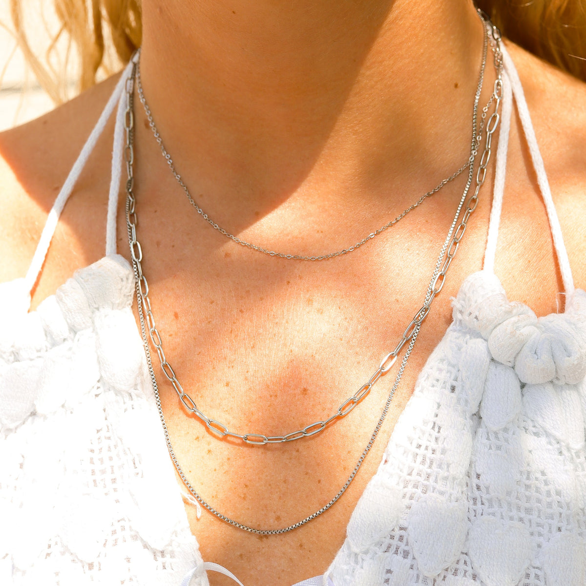 Layered Loop, Paperclip & Box Chain Necklace detail