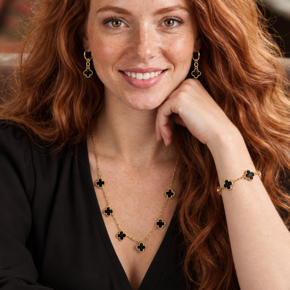 Irish Channel Collection graphic featuring the Maeve Clover jewelry line from Garden District Jewelry