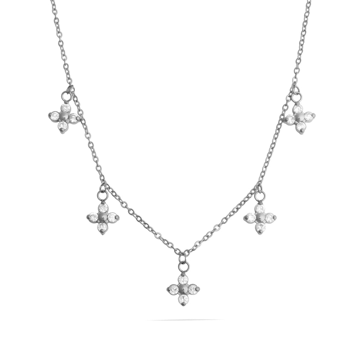 Silver CZ dangle floral necklace