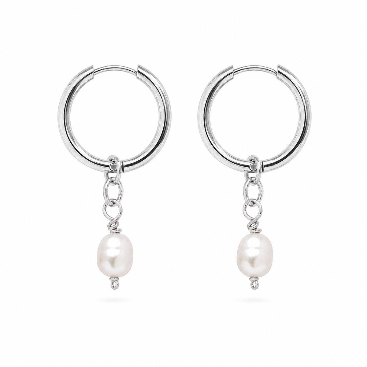 The Josephine Street Drop Pearl Earrings in silver, a hoop earring with a freshwater pearl dangle, shown on a clean white background.