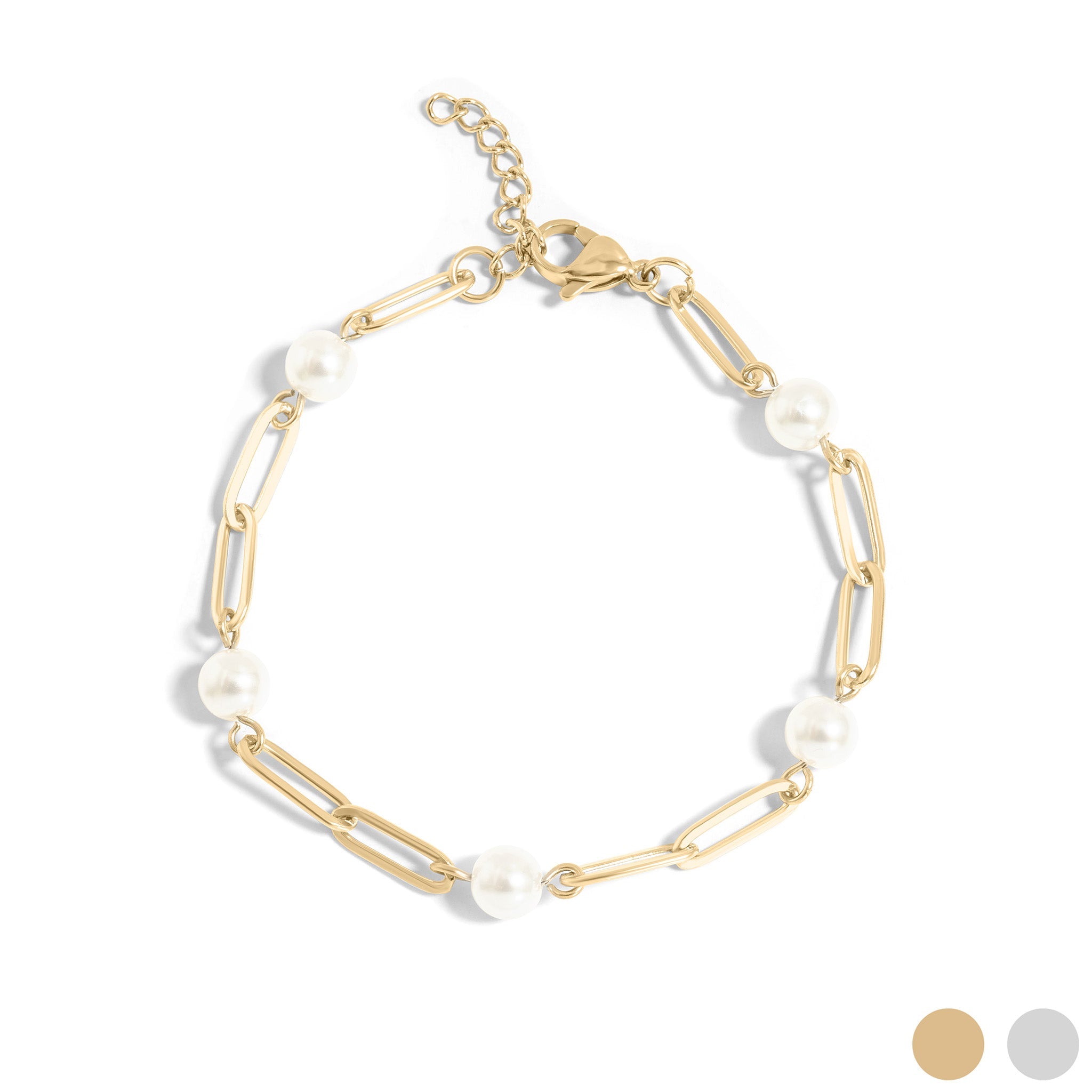 Gold bracelet with pearls on a white background