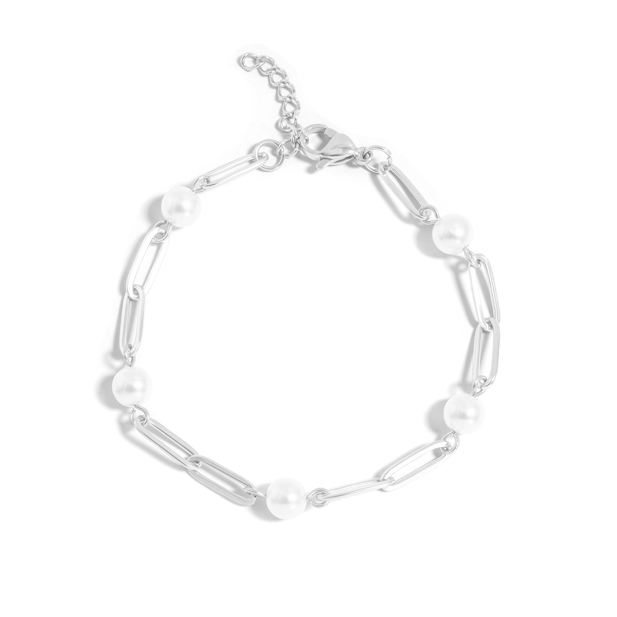 Silver bracelet with pearls on a white background