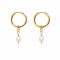 A pair of gold hoop earrings with a small gold chain and a single white freshwater pearl dangle, shown on a clean white background.