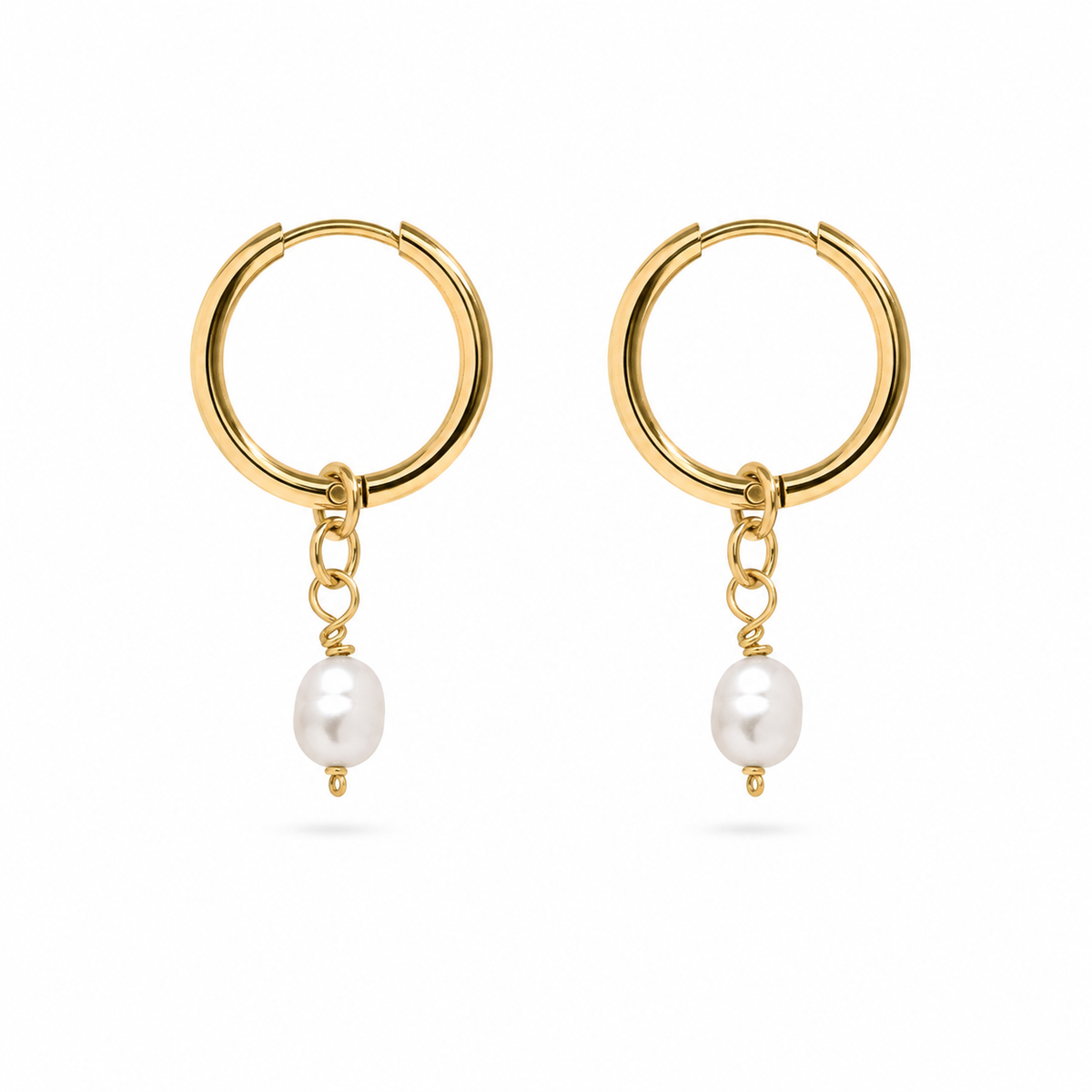 A pair of gold hoop earrings with a small gold chain and a single white freshwater pearl dangle, shown on a clean white background.