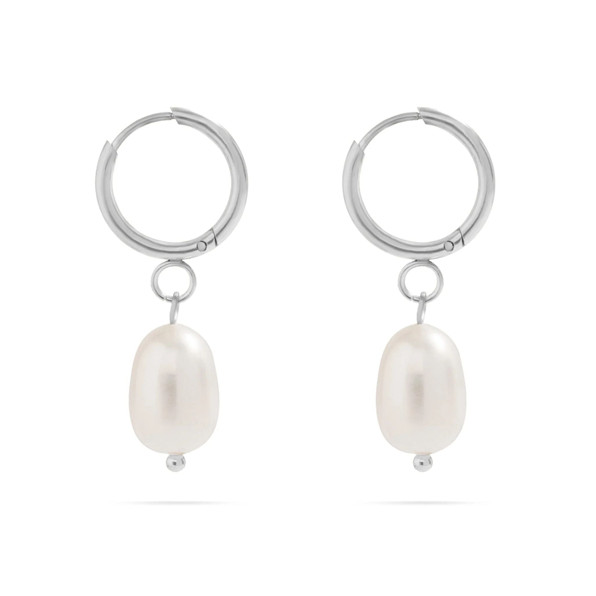 Silver hoop earrings with pearl drops on a white background