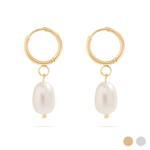 Gold hoop earrings with pearl drops on a white background