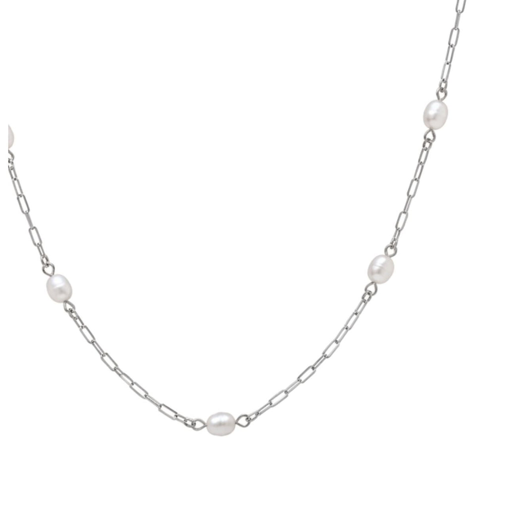 A delicate silver chain necklace featuring five evenly spaced, irregular white freshwater pearls, displayed on a clean white background.