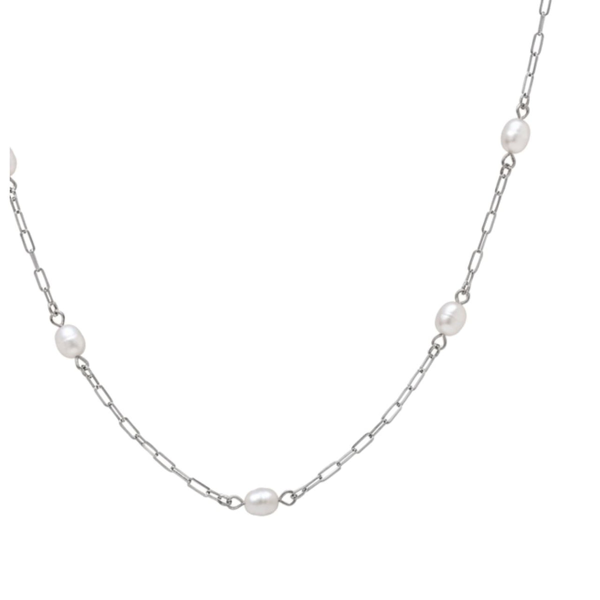A delicate silver chain necklace featuring five evenly spaced, irregular white freshwater pearls, displayed on a clean white background.