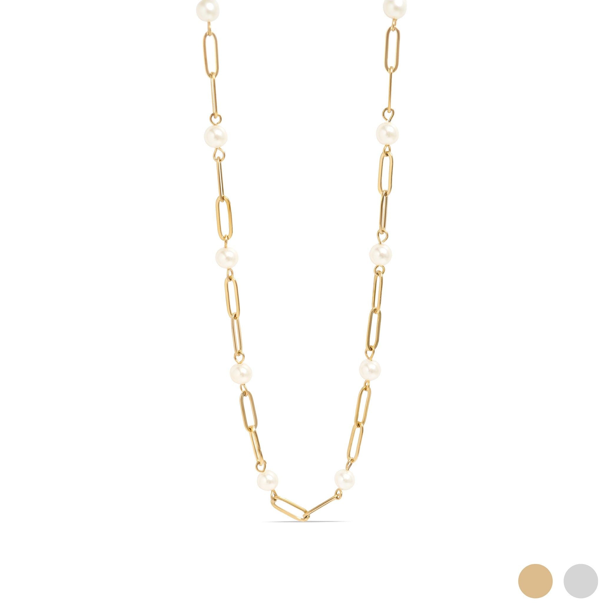 Gold chain necklace with pearls on a white background
