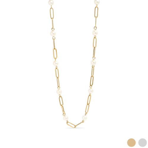 Gold chain necklace with pearls on a white background
