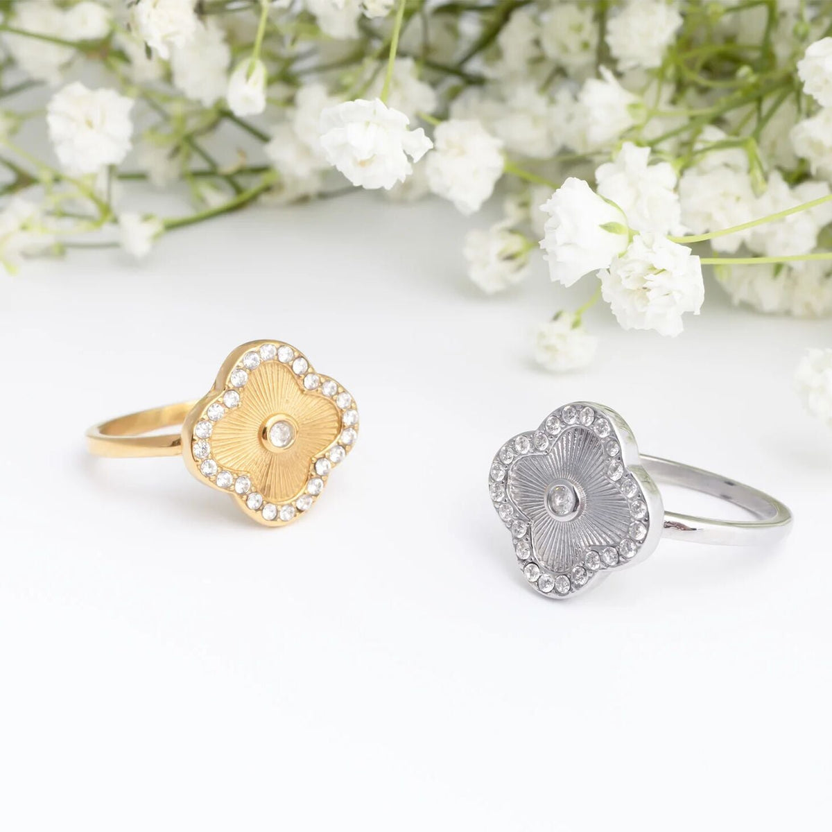 Gold and silver floral motif stacking rings