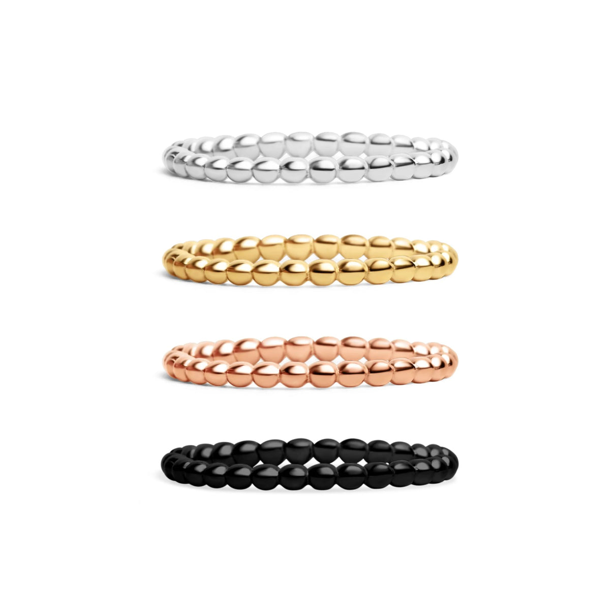 Four beaded stretch bracelets stacked vertically on a white background, shown in silver, gold, rose gold, and black finishes.