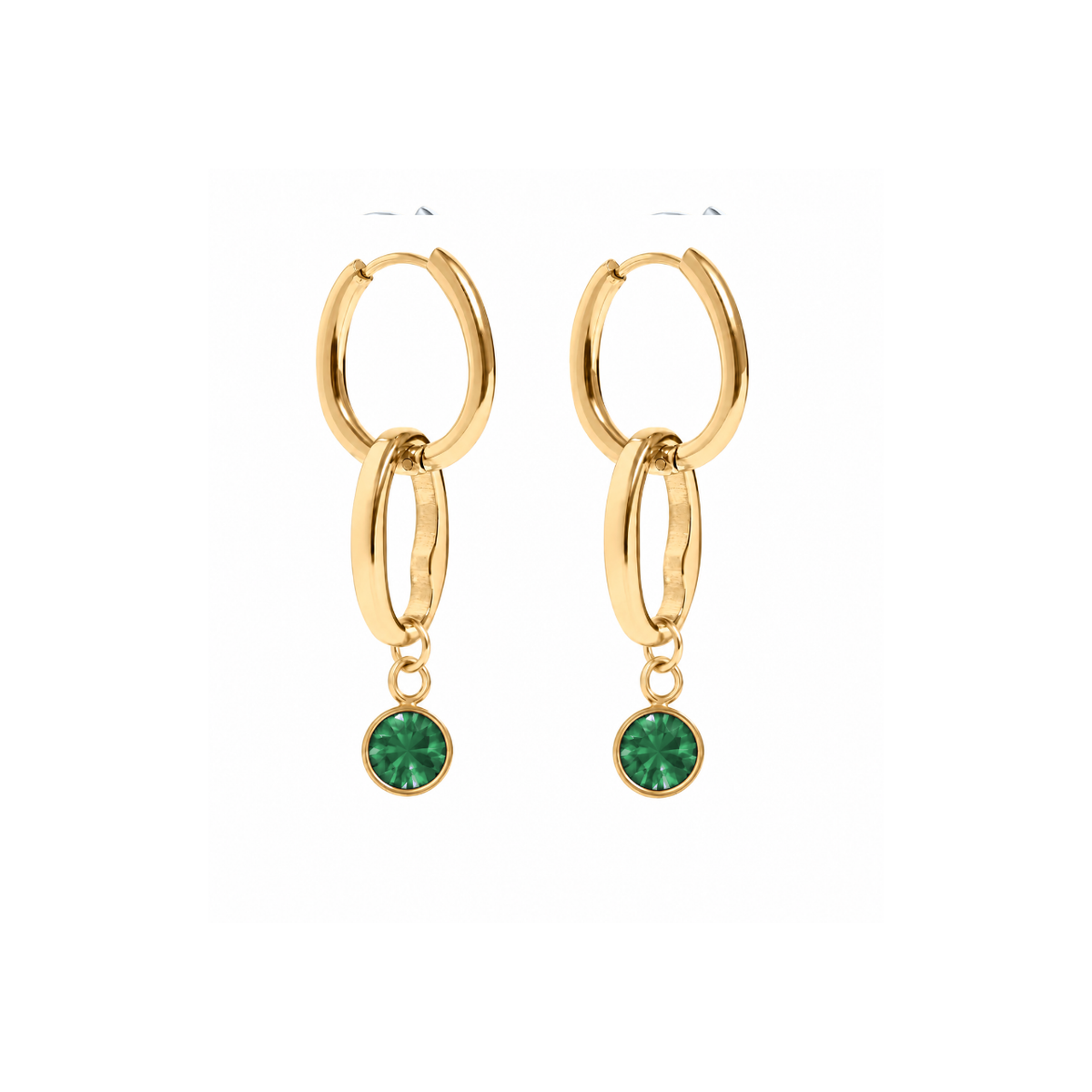 A pair of gold hoop earrings with a double-ring design and a dangling round green gemstone, shown on a plain white background.